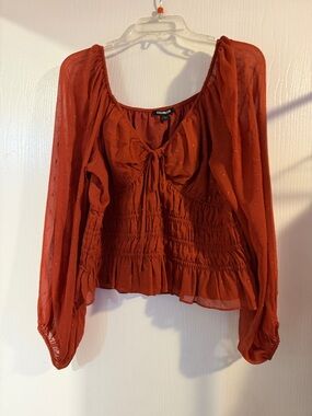 Express Rust Orange Peasant Blouse with Tie Front